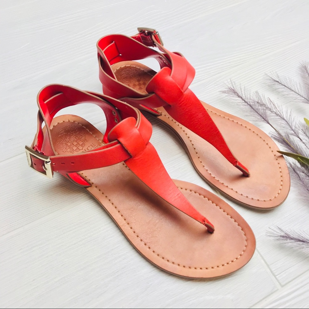 Women's Red Leather T-strap Sandals